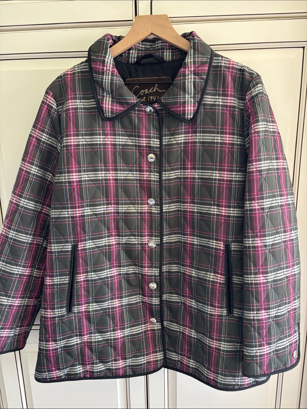 Coach Womens XL Plaid Quilted 1941 Signature Snap Gray Barn Chore Jacket